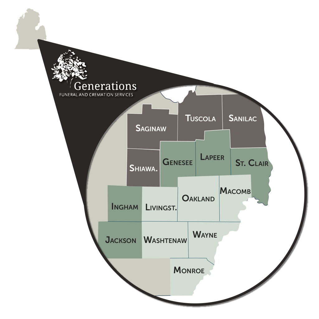 A map of southeastern Michigan counties, with a focus on Saginaw, Tuscola, Sanilac, Shiawassee, Genesee, Lapeer, St. Clair, Ingham, Livingston, Oakland, Macomb, Jackson, Washtenaw, Wayne, and Monroe. Generations Funeral and Cremation Services logo appears.