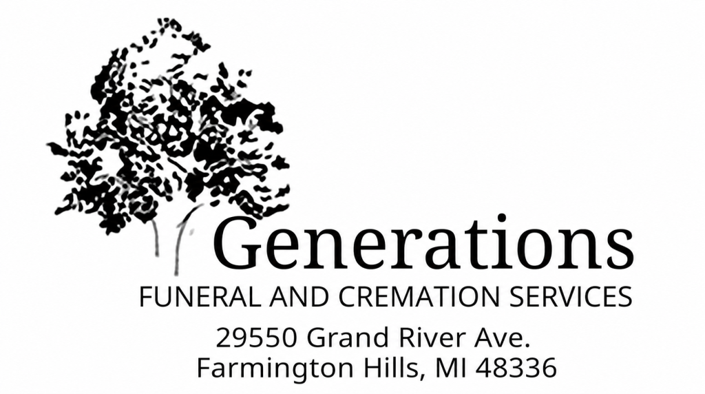 Black tree illustration above Generations Funeral and Cremation Services. Address below: 29550 Grand River Ave., Farmington Hills, MI 48336.